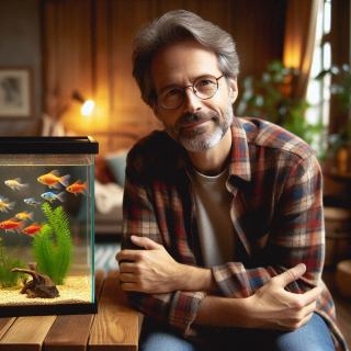 Man distressed in front of an aquarium